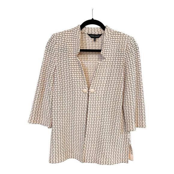 Ming Wang Woven Front Clasp Cardigan Sweater Pale Pink/Blk Notch Collar G27 - Picture 1 of 6